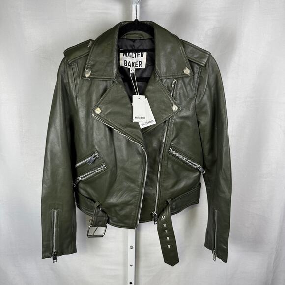 Walter Baker Jackets & Blazers - Walter Baker NEW 100% Lamb Leather Olive Biker Full Zip Jacket Ladies XS